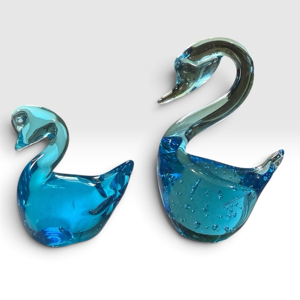 Vintage Blue Art Glass Swan Figurines Pair Hand Blown Controlled Bubble Aqua